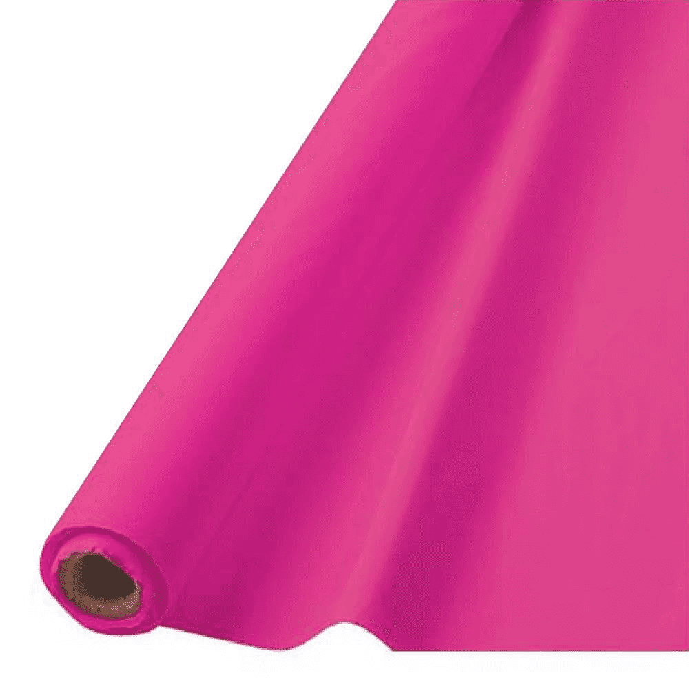 Bright pink disposable table roll unrolled from a large cylindrical core.