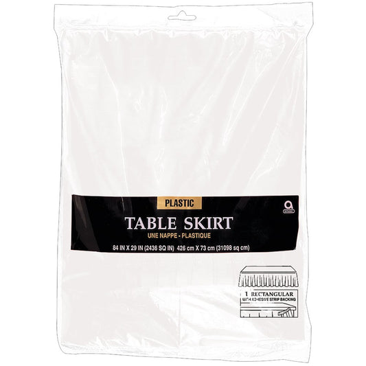 White plastic table skirt measuring 29 inches by 14 feet in clear packaging with black label.