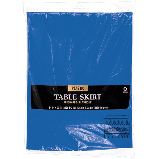 Bright royal blue plastic table skirt in sealed packaging with label.