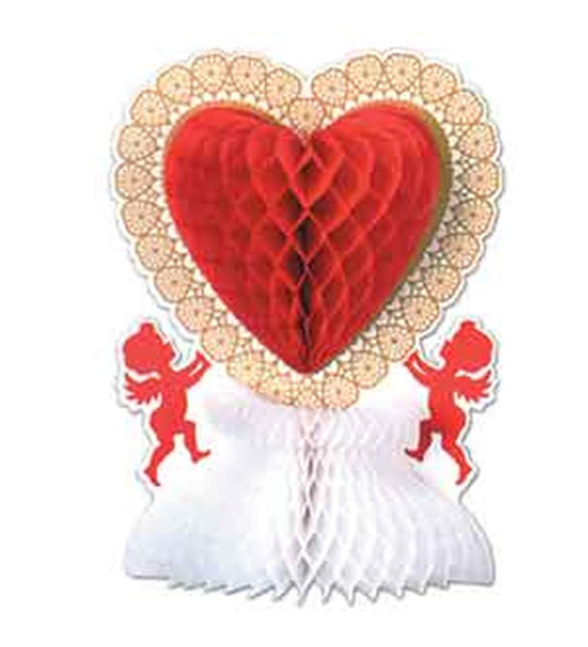 Valentine centerpiece with red honeycomb heart, lace-trimmed backing, and two red cherubs on white honeycomb base.