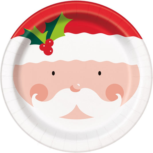 Round paper plate with Santa Claus face in red, white, and flesh tones, decorated with green holly and red berries.