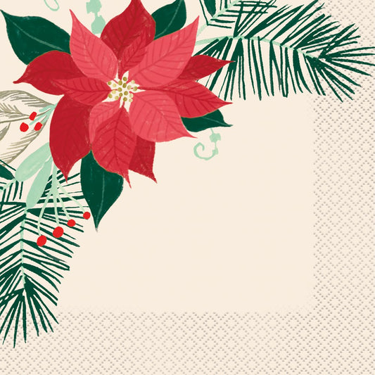 Cream-colored square napkin with embossed diamond pattern and a red poinsettia with green pine needles and red berries in.