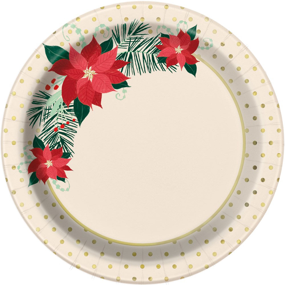 7-inch round cream paper plate with red poinsettias, green pine needles, and gold polka dots.