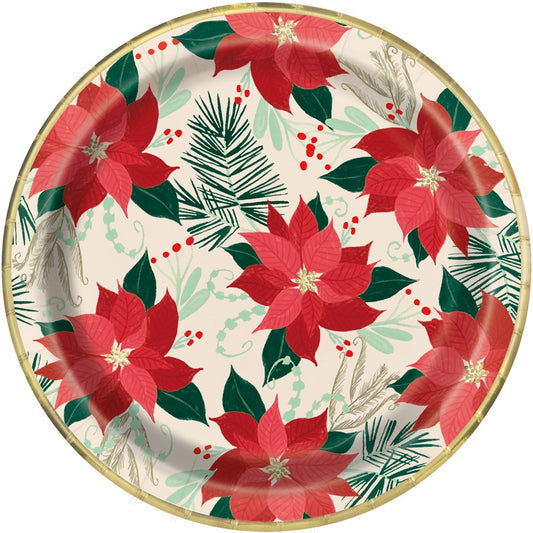 Round 9-inch paper plate with red poinsettias, green pine leaves, gold accents, and a gold rim.