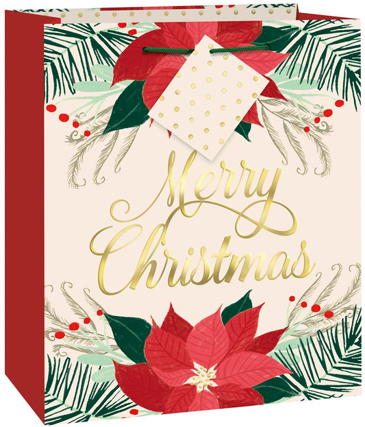 Medium red and gold foil gift bag with a large red poinsettia, green foliage, red berries, and gold "Merry Christmas" script.