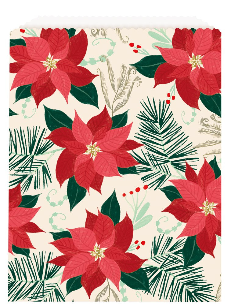 White gift bag with red poinsettias, green pine branches, and festive foliage design.