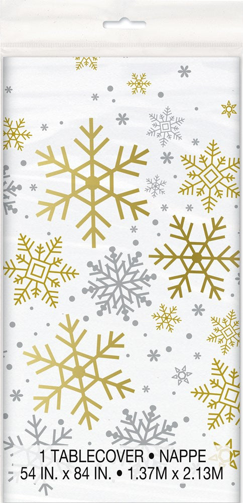 Silver Gold Snowflake 54x84 inch Plastic Tablecover