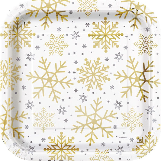 Silver Gold Snowflake 9 inch Square Plate 8ct