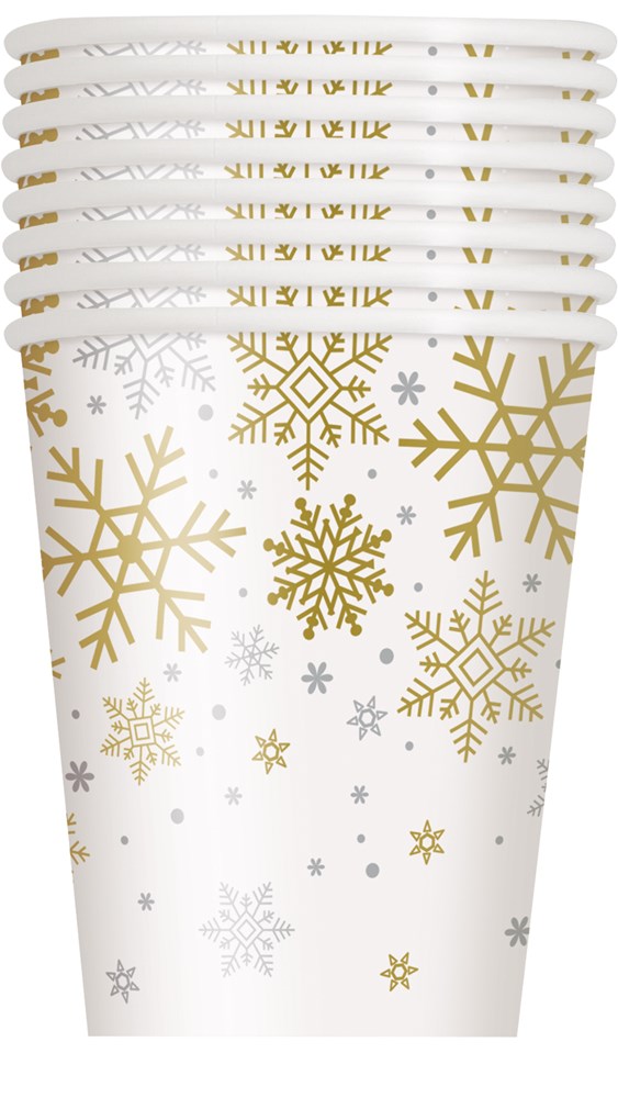 Stack of white 9oz paper cups decorated with silver and gold holiday snowflakes, eight-count.