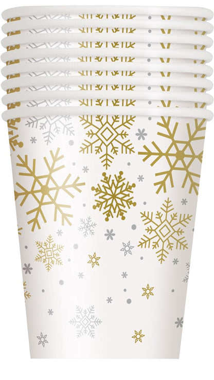 Stack of white 9oz paper cups decorated with silver and gold holiday snowflakes, eight-count.