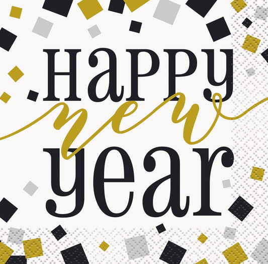 White napkin with black, gold, and silver confetti and "Happy New Year" in black and gold script font.