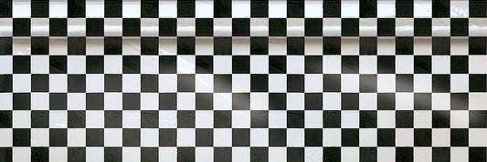 Black and white plastic table roll with printed checkerboard pattern.