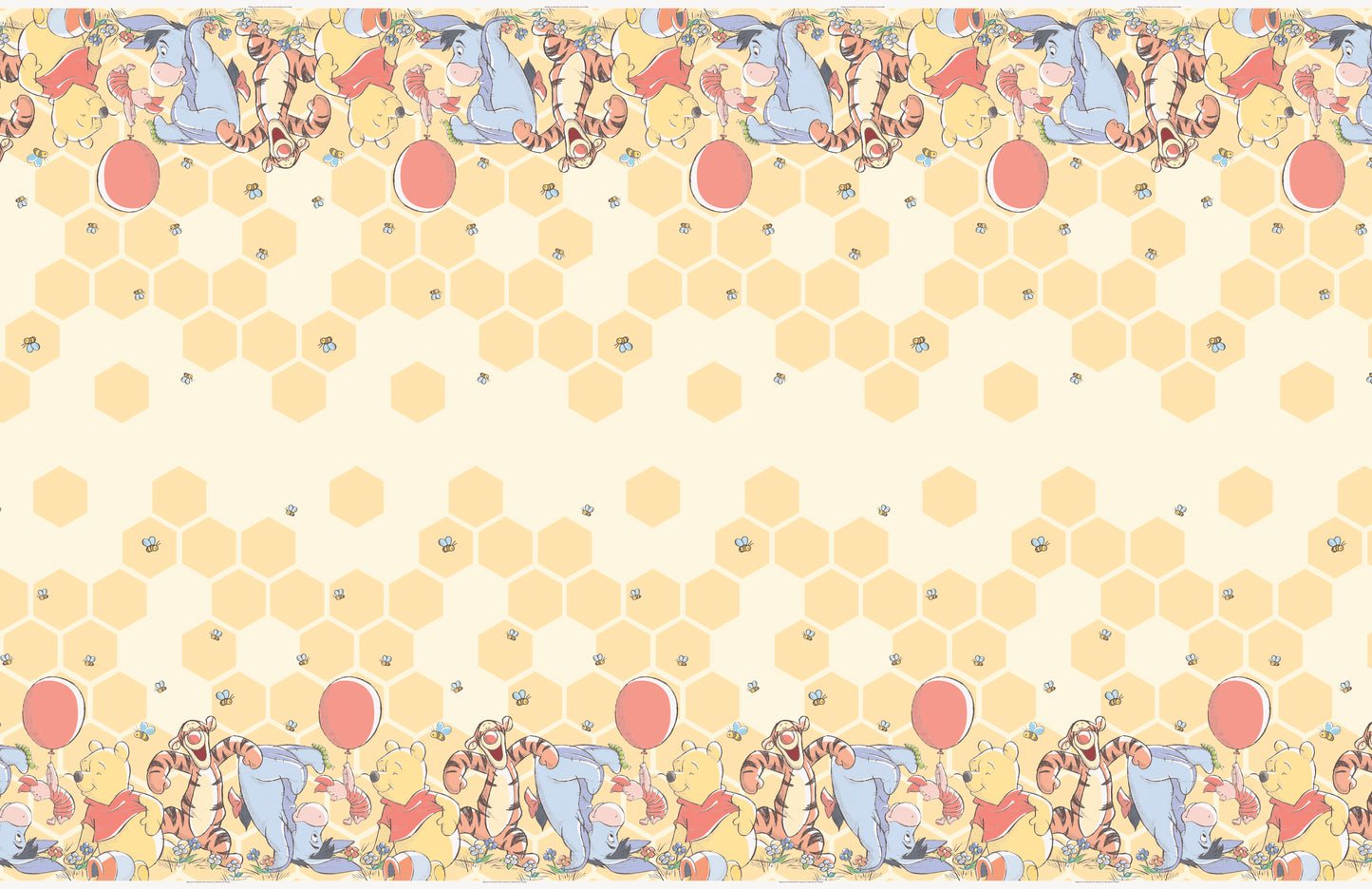 Rectangular plastic table cover with honeycomb pattern and Winnie the Pooh characters holding balloons along edges.