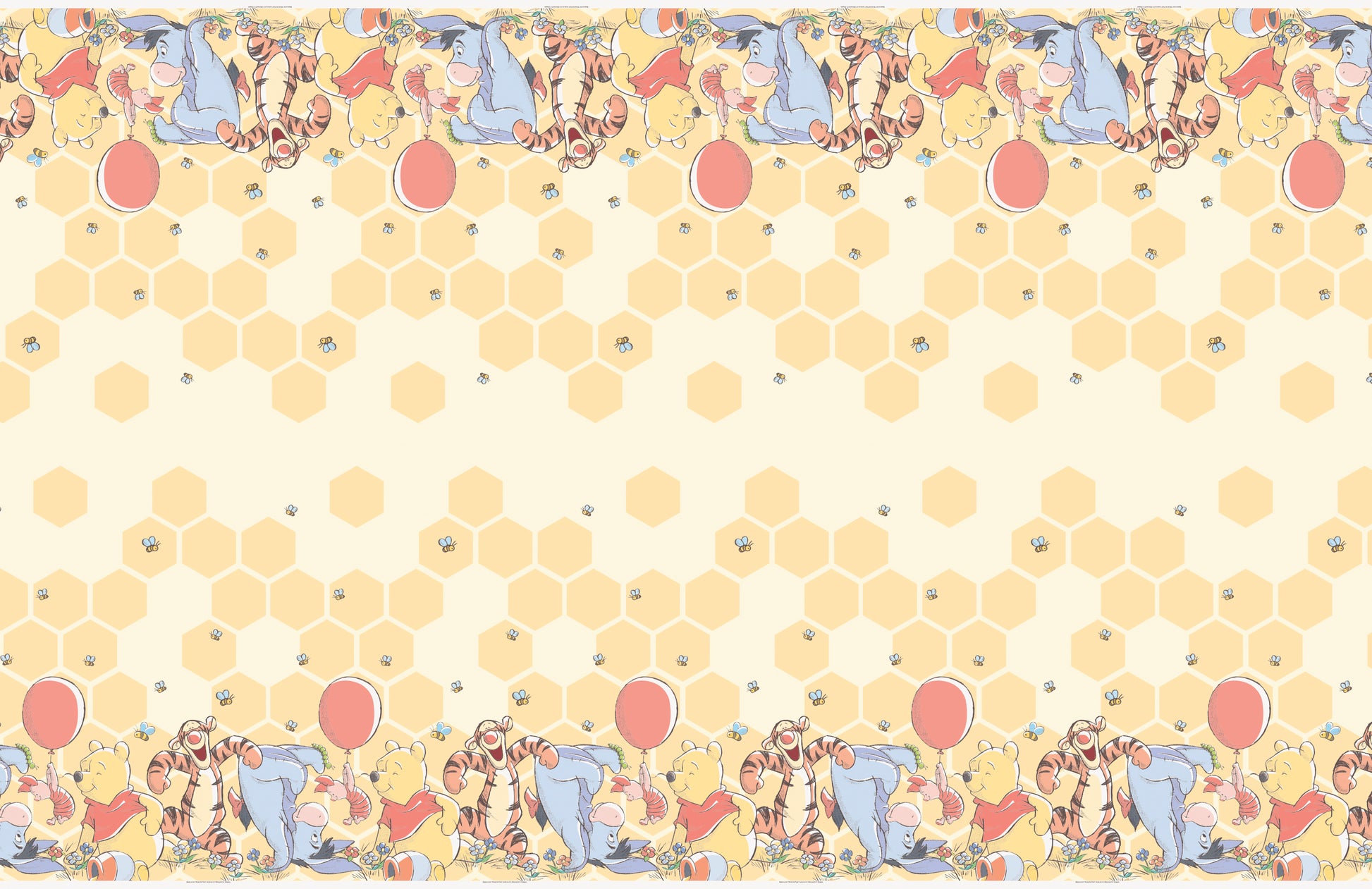 Rectangular plastic table cover with honeycomb pattern and Winnie the Pooh characters holding balloons along edges.