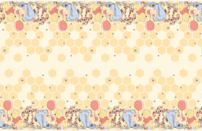 Rectangular plastic table cover with honeycomb pattern and Winnie the Pooh characters holding balloons along edges.