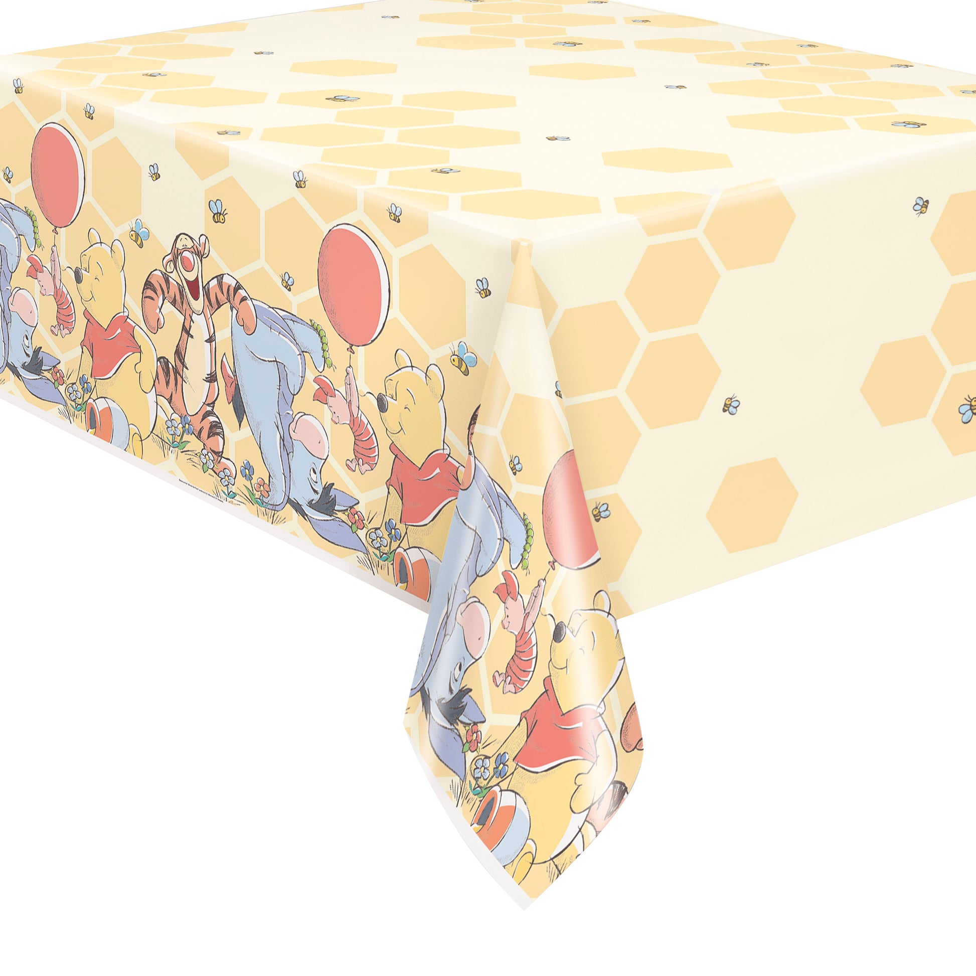 Rectangular plastic table cover with honeycomb pattern and characters from Winnie the Pooh on the border.