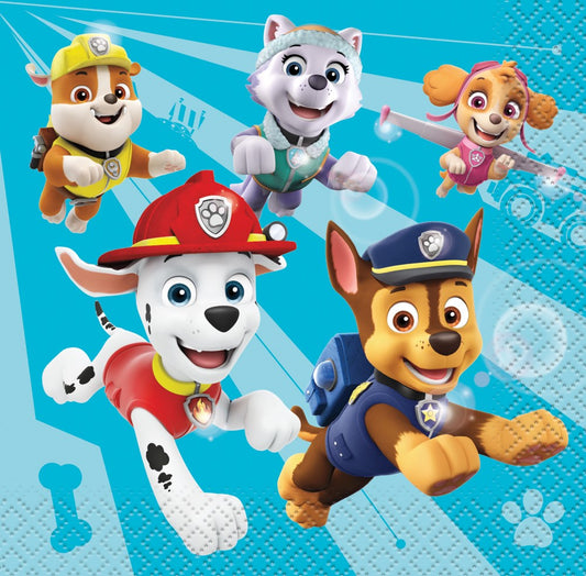 Colorful beverage napkin featuring Paw Patrol characters Marshall, Chase, Rubble, Skye, and Everest on a blue background.