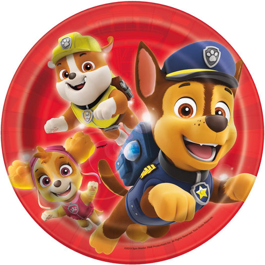 Red round plastic plate featuring cartoon Paw Patrol characters Chase, Rubble, and Skye in action poses.