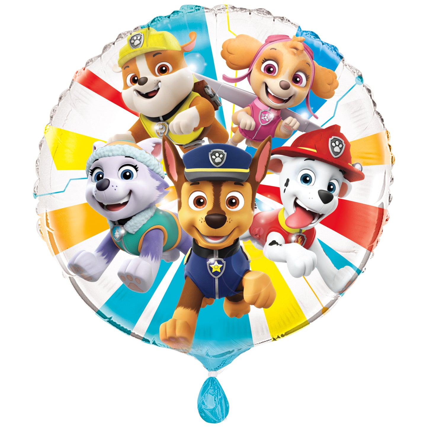 Round foil balloon with colorful Paw Patrol characters Chase, Skye, Marshall, Rubble, and Everest on a bright, striped.