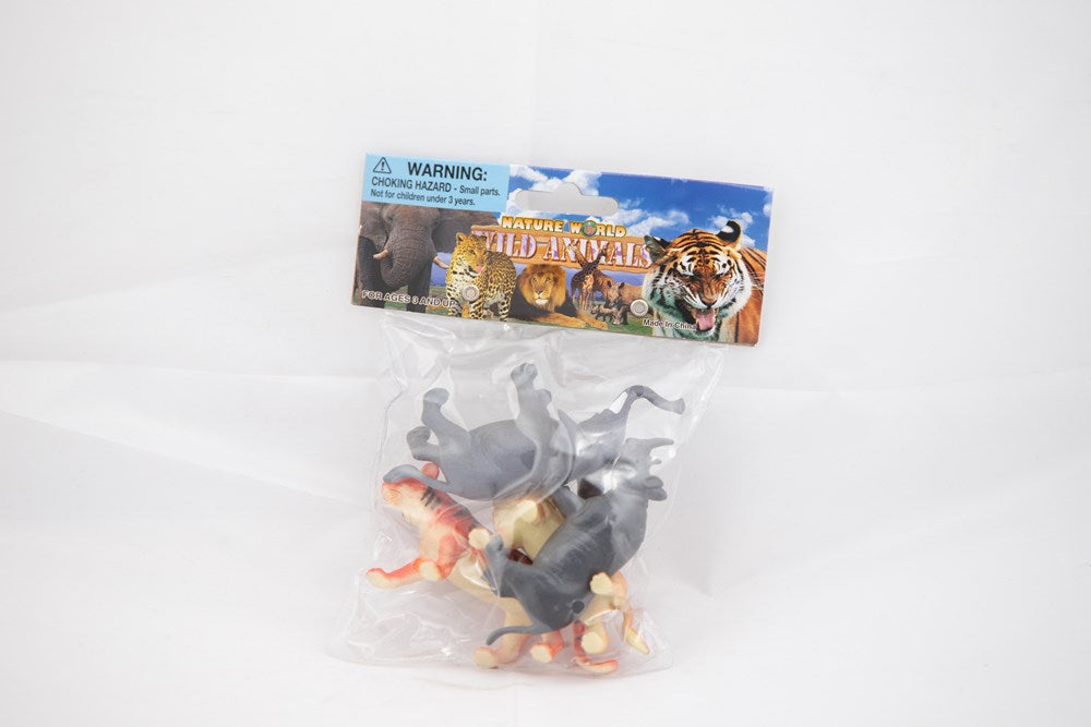 Set of four small plastic wild animal figures including a tiger, elephant, rhinoceros, and lion in clear packaging.