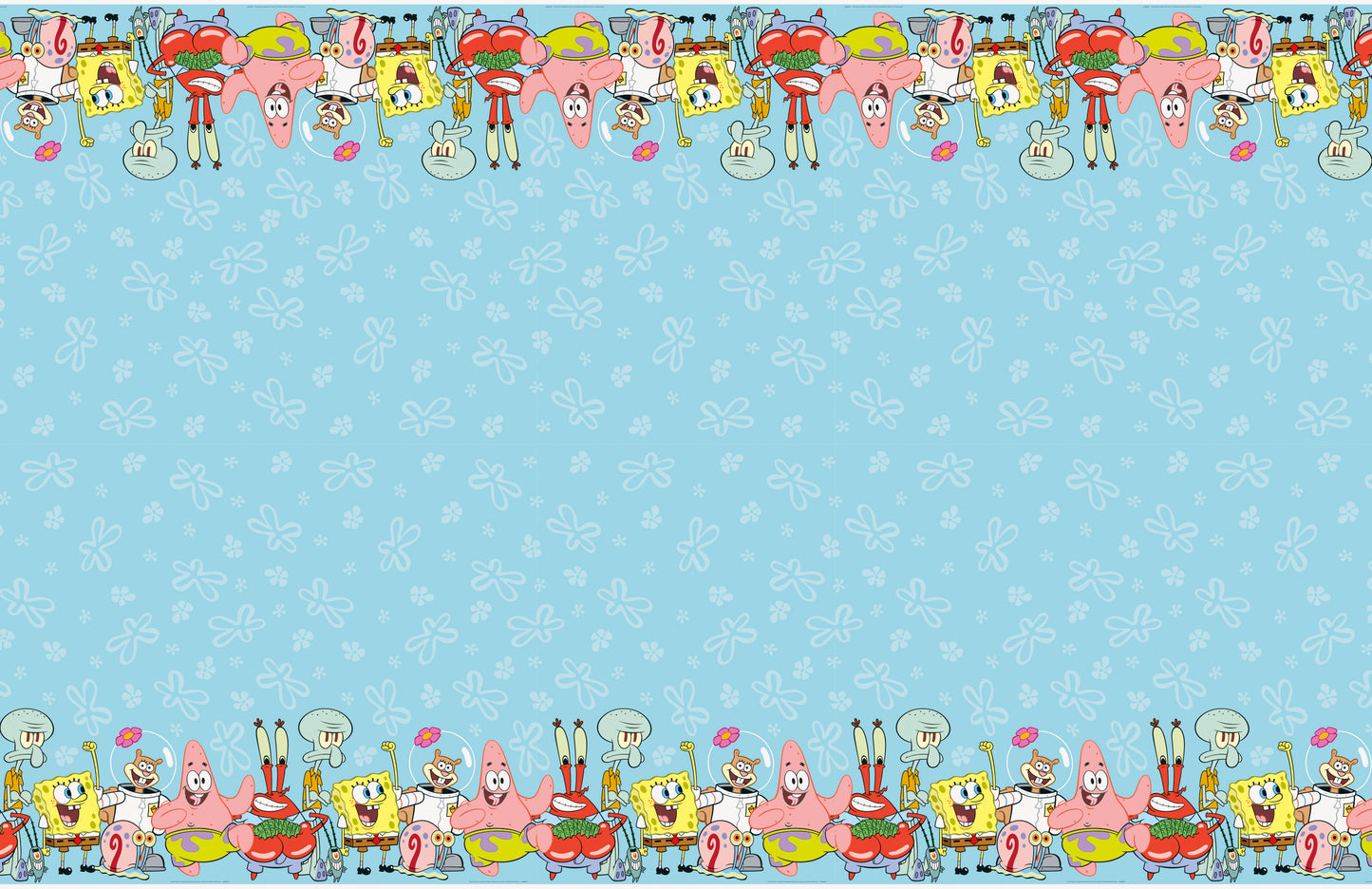 Rectangular blue tablecover with Spongebob Squarepants characters border featuring Spongebob, Patrick, Sandy, and Mr. Krabs.