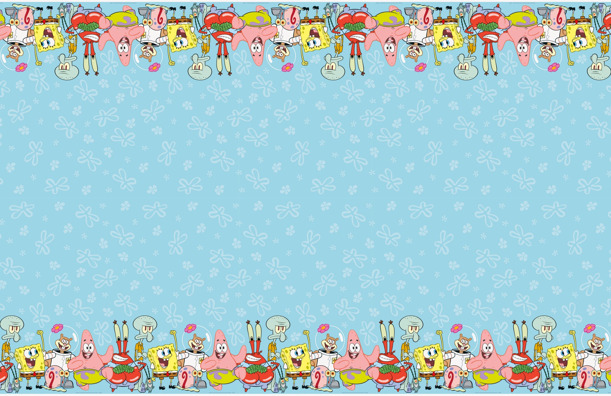 Rectangular blue tablecover with Spongebob Squarepants characters border featuring Spongebob, Patrick, Sandy, and Mr. Krabs.