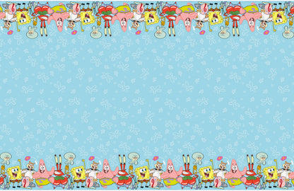 Rectangular blue tablecover with Spongebob Squarepants characters border featuring Spongebob, Patrick, Sandy, and Mr. Krabs.