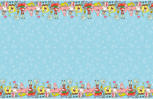 Rectangular blue tablecover with Spongebob Squarepants characters border featuring Spongebob, Patrick, Sandy, and Mr. Krabs.