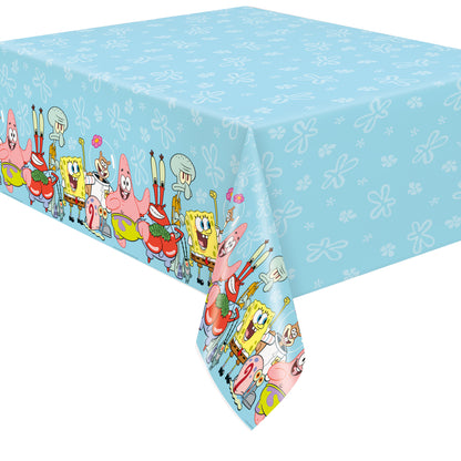 Light blue rectangular tablecover with white sea-themed patterns and colorful SpongeBob SquarePants characters along the.