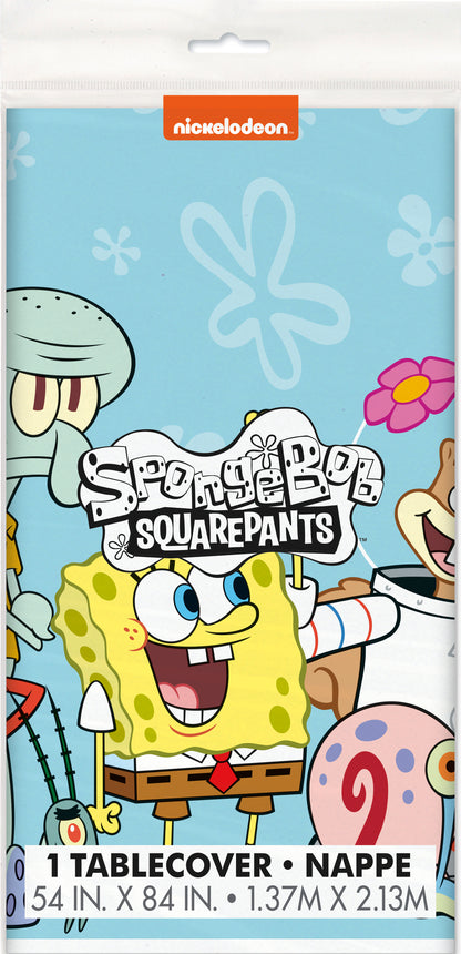 Rectangular tablecover with bright blue background featuring SpongeBob SquarePants, Squidward, and Patrick along with white.