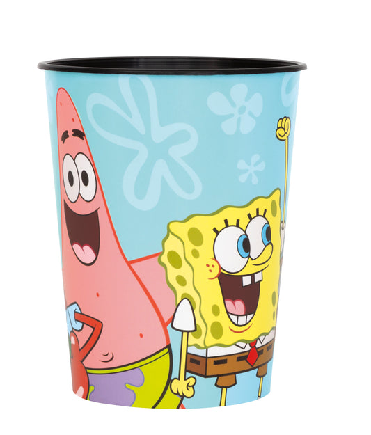 Light blue 16oz plastic cup featuring smiling SpongeBob SquarePants and Patrick Star graphics.