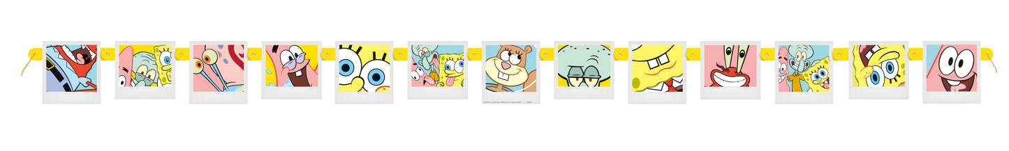 Colorful paper banner featuring jointed cartoon panels of SpongeBob SquarePants and friends with playful facial expressions.