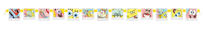 Colorful paper banner featuring jointed cartoon panels of SpongeBob SquarePants and friends with playful facial expressions.