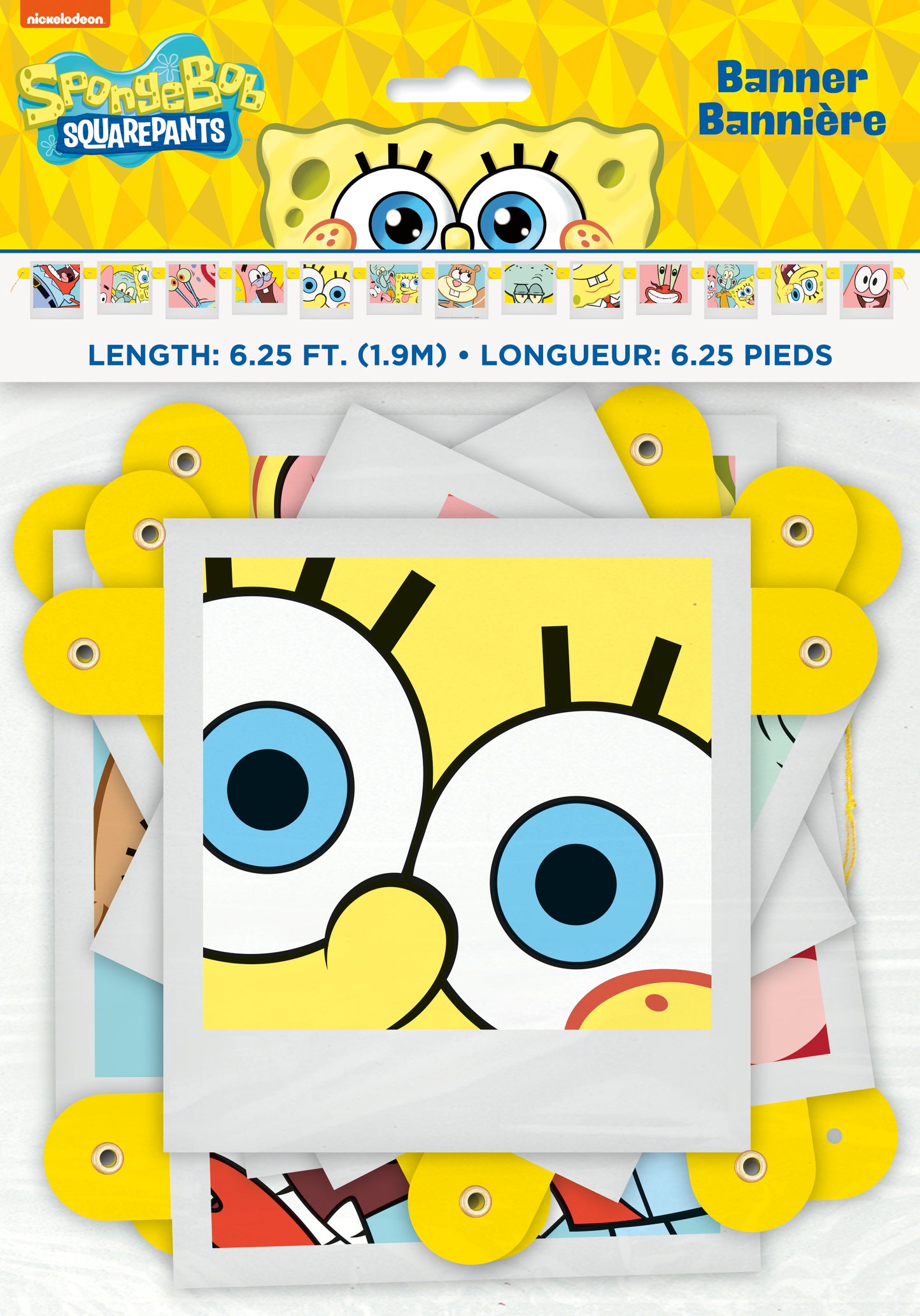 Yellow SpongeBob SquarePants jointed banner with large blue eyes and sponge holes, measuring 6.25 ft long.