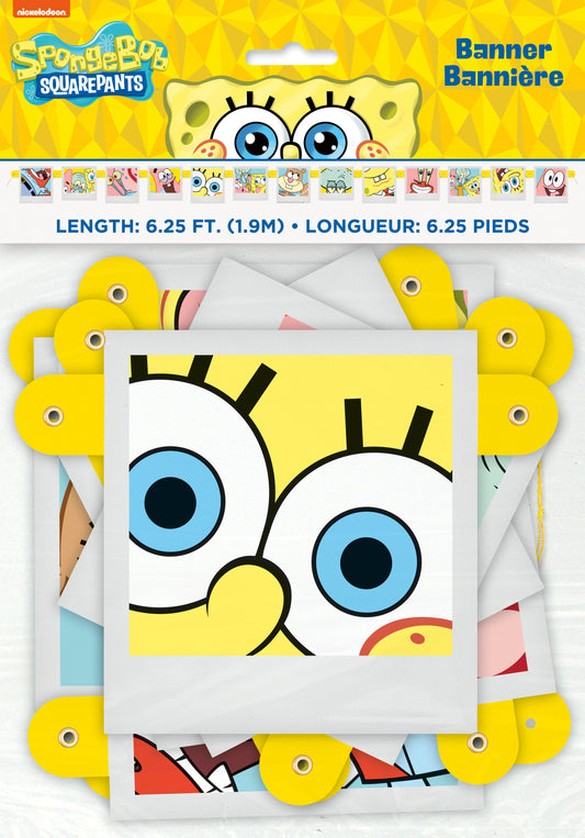 Yellow SpongeBob SquarePants jointed banner with large blue eyes and sponge holes, measuring 6.25 ft long.