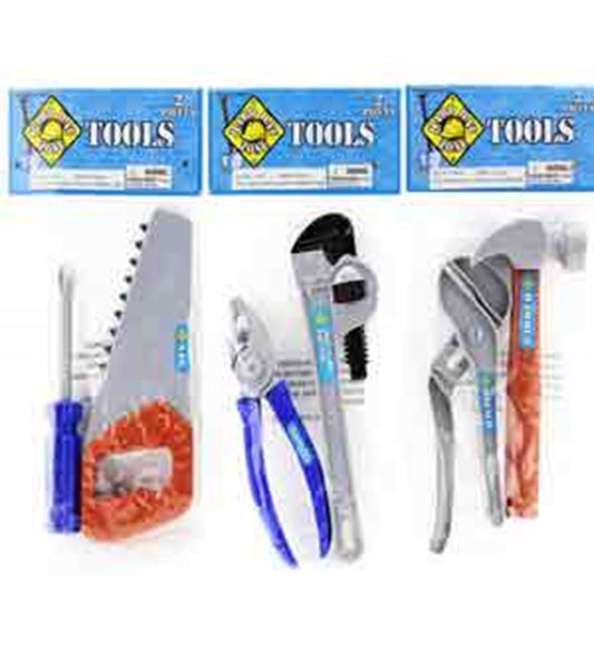 Blue-handled screwdriver and orange-handled saw with white blade in plastic case alongside blue and white pliers and grey.