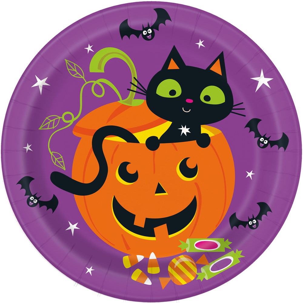 Cat and Pumpkin Halloween 9in Plate 8ct