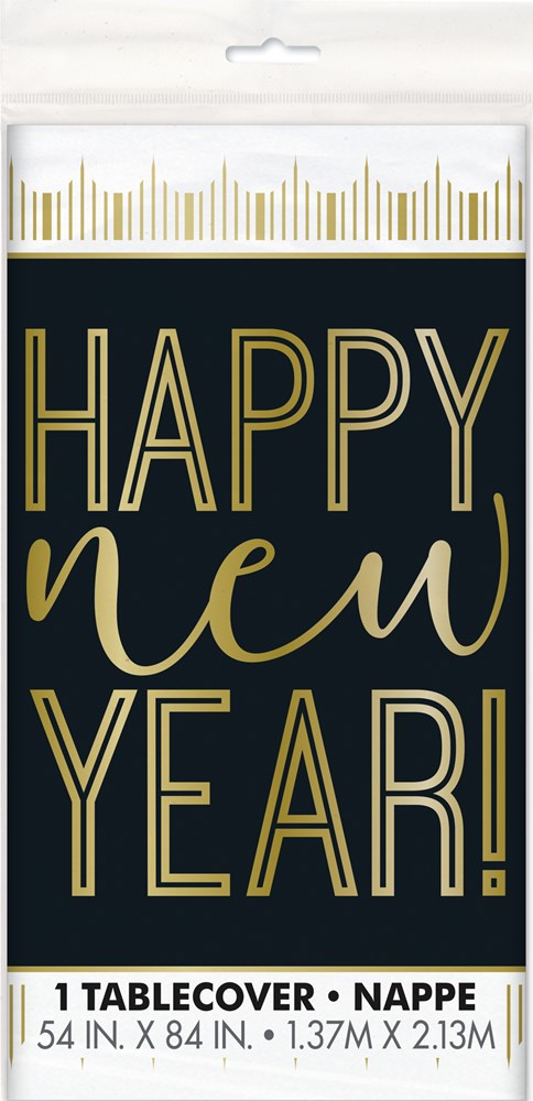 Black plastic tablecover with gold foil "Happy New Year!" text and decorative gold lines on top.