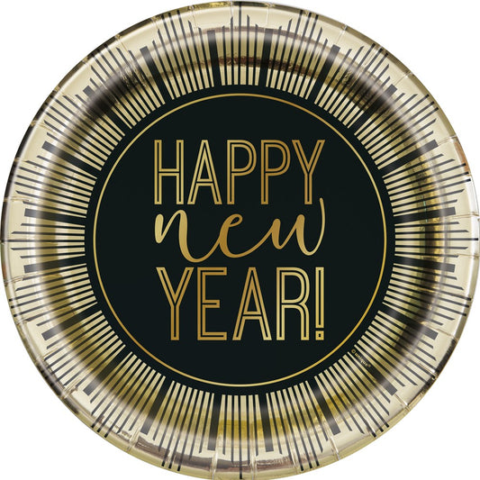 7-inch round foil plate with black center and gold "Happy New Year!" text, gold and black sunburst border.