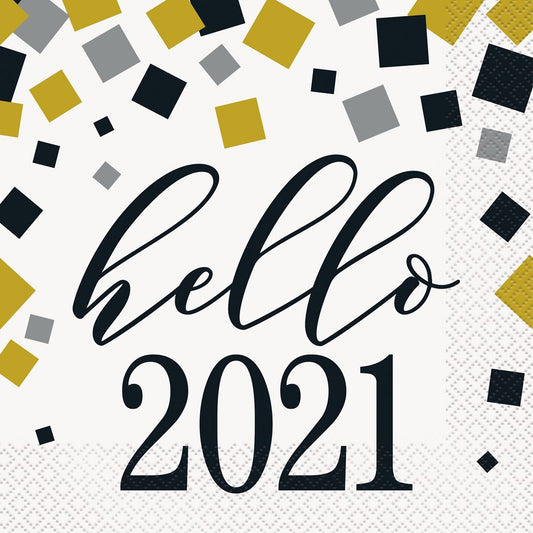 White paper napkin with black script "hello" and bold "2021" surrounded by scattered black, gold, and silver confetti.