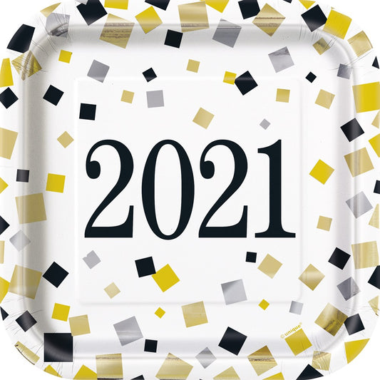 7-inch square paper plate with "2021" in black center and scattered black, gold, and silver confetti design.