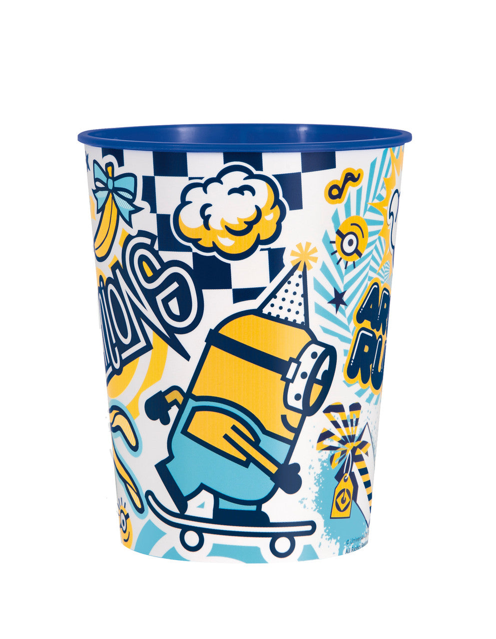 16-ounce plastic cup with colorful Minions design featuring a Minion on a skateboard and party-themed graphics.