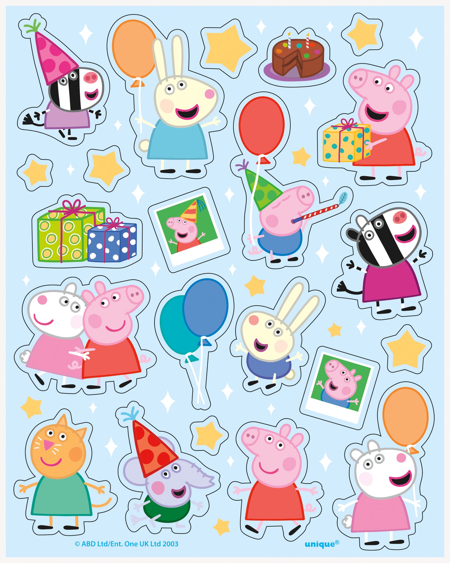 Four colorful Peppa Pig-themed sticker sheets featuring characters, balloons, stars, and gifts on a blue background.
