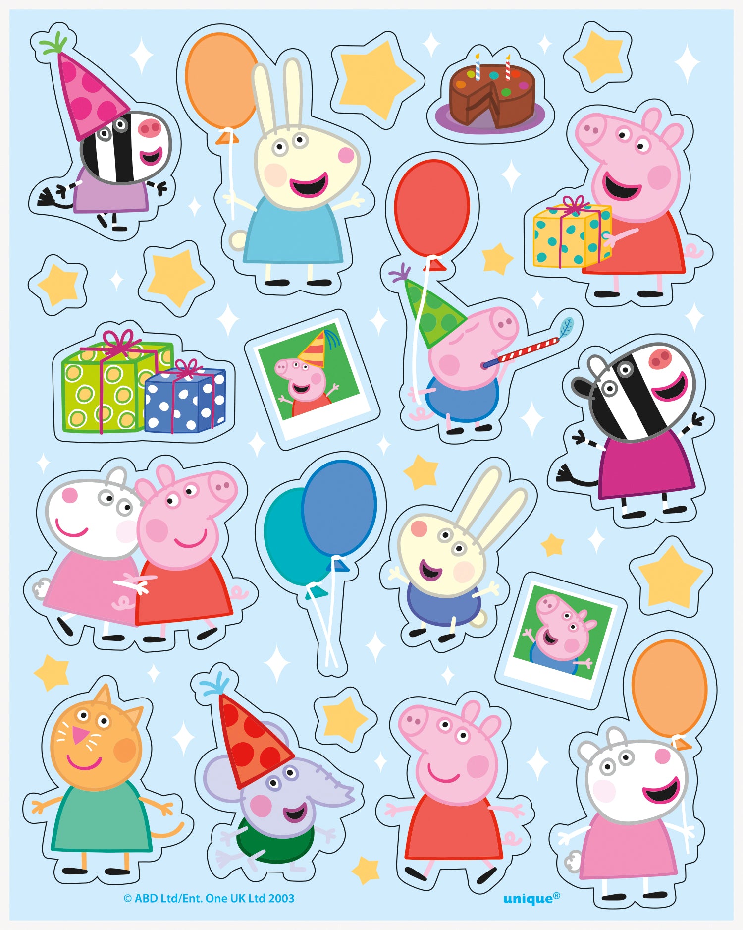 Four colorful Peppa Pig-themed sticker sheets featuring characters, balloons, stars, and gifts on a blue background.