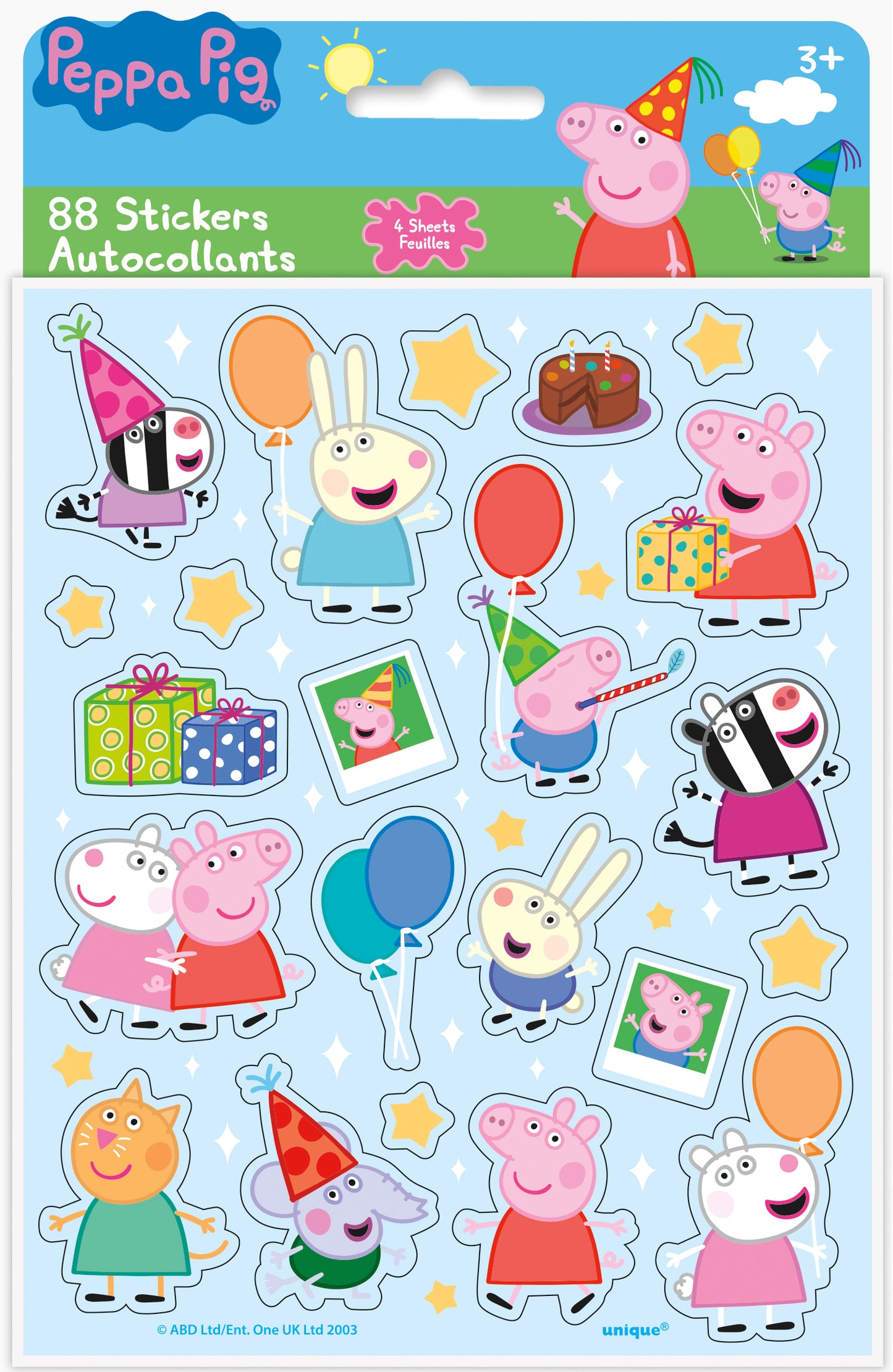 Peppa Pig sticker sheet with colorful character and party-themed stickers including balloons, presents, and cakes.