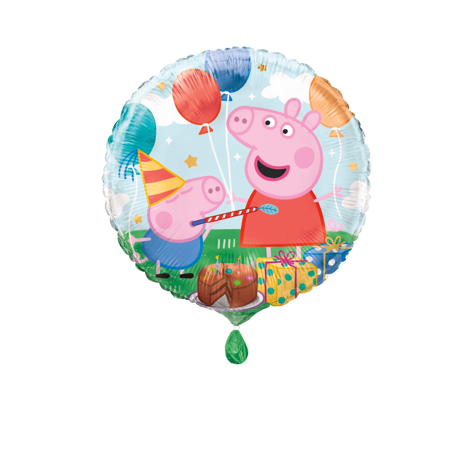 Round foil balloon featuring Peppa Pig characters with colorful balloons, party hat, and presents on a light blue background.