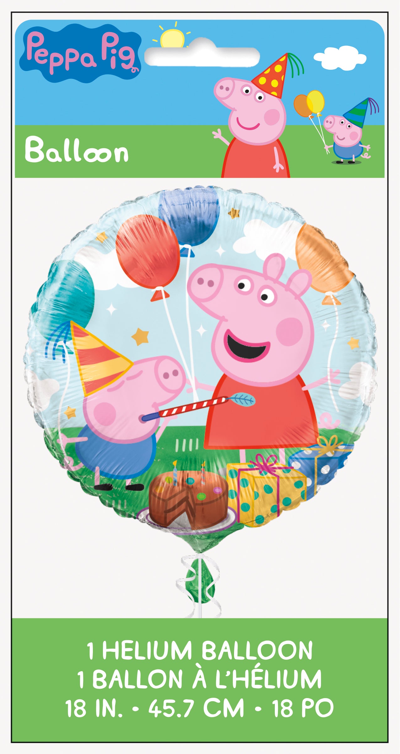 Round foil helium balloon featuring Peppa Pig characters with colorful balloons and presents design.