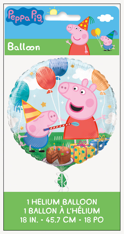 Round foil helium balloon featuring Peppa Pig characters with colorful balloons and presents design.