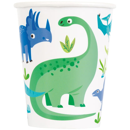 White 9oz cup with blue triceratops and green long-neck dinosaur illustrations.