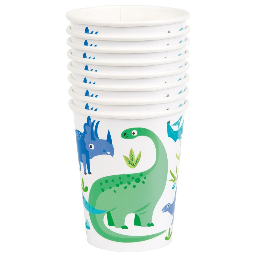Stack of white disposable cups featuring colorful blue and green cartoon dinosaurs and small green plants.